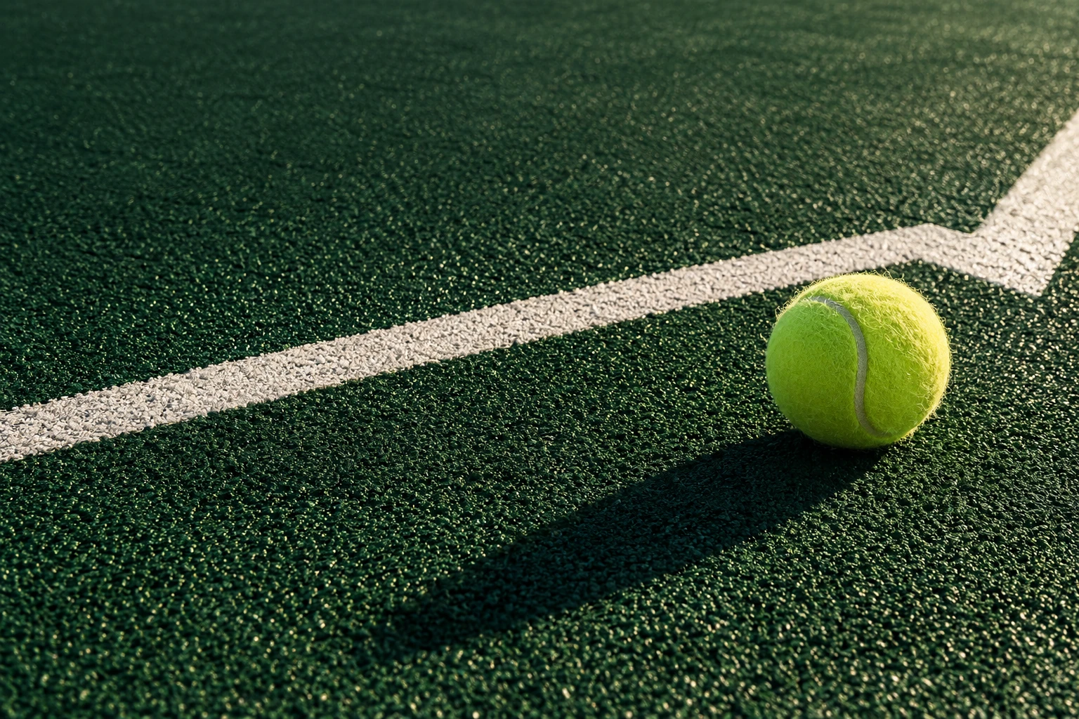 A lime padel ball beside a white line on a green court